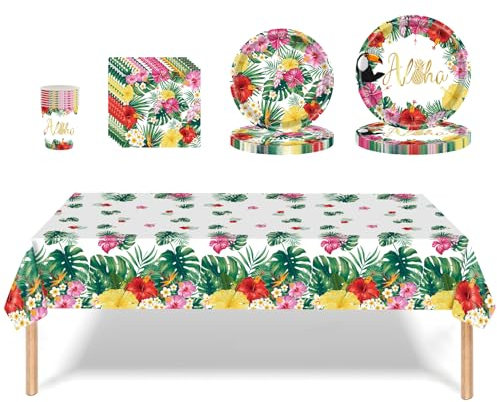 Yayafunfun 69Pcs Hawaii Flamingo Tableware Set - Plates, Cups, Napkins, Table Cloth for Summer, Beach, Swimming Pool, Sea Theme Party