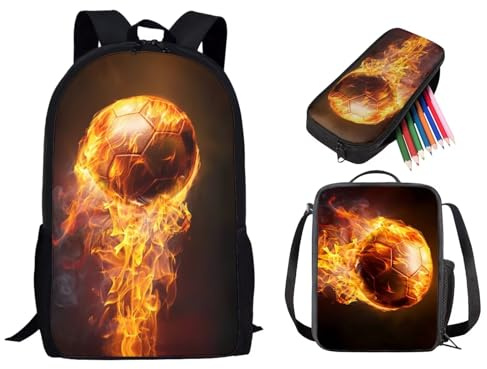 PCSJRKG Schulrucksack-Set mit Aufdruck Fire Soccer , 43,2 cm, großes Rucksack-Set mit Lunchbox, Federmäppchen, Reise-Tagesrucksack, Schultasche, Kinder, leichter Rucksack mit Lunchbox und