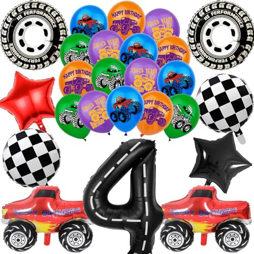 Auto Geburtstagsdeko, Party Dekoration Ballons, 25 Stück Geburtstagsballons Deko, Folienballons 4 Jahr, Kindergeburtstag Deko, Luftballons Geburtstag, Latex Luftballons für Jungen Partyzubehör
