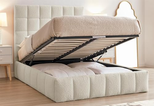 Save On Goods UK Ivory White,Ottoman Lift Up Storage Tall Headend Boucle Soft Fabric Upholstered Bed Frame (5ft King Size)