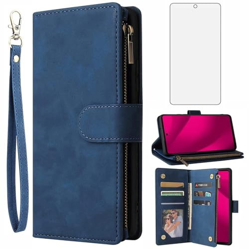 Asuwish Handyhülle für Telekom T Phone 2 Pro 5G/T-Mobile Revvl 7 Pro Hülle mit Folie Schutzfolie und Kartenfach Klappbar Leder Geldbörse Ständer T-Phone Cover Handy Hüllen Schutzhülle Phone Case Blau