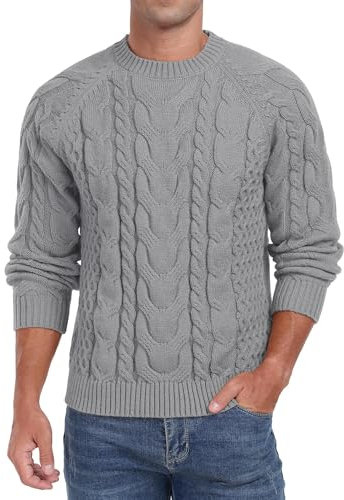 QIXING Men's Cable Knit Jumper Crew Neck Sweater Soft Casual Long Sleeve Textured Knitwear Tops for Men UK (Gray, L)