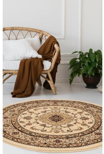 Modern Style Rugs Classic Traditional Cream Décor Round Rug. Vintage Design Rug Suitable for Living Room, Bedroom, Dining Room, Lounge Soft Feel Stain Resistant Circular Area Rug – 133x133cm