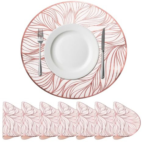 sourcing map White Rose Gold Round Seaweed Shaped Placemats Set of 8 for Dinner Tables, Metallic Polyvinyl Pressed Placemats Washable Table Mats for Wedding Dinner Table (15 x 15/38 x 38cm)