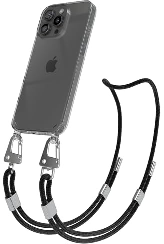 EAZY CASE - Handykette mit Karabiner kompatibel mit iPhone 16 Pro Max - Hülle Silikonhülle Fallschutz transparente Handyhülle Kette zum Umhängen Schutzhülle in Schwarz - Clips Silber