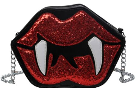Ocuuer Lustige Vampir-Kettentasche for Damen, PU-Leder mit Pailletten, Zahnlippen-Umhängetasche, Reißverschluss, Vampir-Lippen-förmige Tasche, Halloween-Partytasche (schwarz)