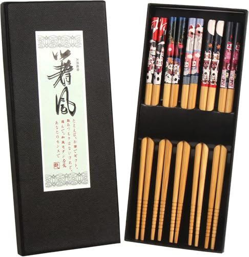 DERAYEE Baguettes en Bambou Naturel,5 Paires de Baguettes Japonaises Sushi Réutilisables Durable avec Chats Chanceux pour Cuisine Asiatique