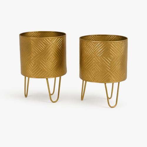 Set mit 2 Blumentöpfen aus Metall, geometrisches Design, Beinständer, dekorative goldene Vase für Pflanzen