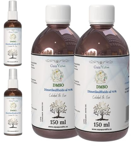 GAIA VITAE DMSO 70 % | Packung mit 2 Flaschen à 150 ml + 2 Sprays à 30 ml gefüllt | Dimethylsulfoxid 70 % | bernsteinfarbenes Glas | hohe Reinheit USP | ohne Zusatzstoffe