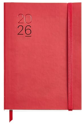 Miquelrius - Kalender 2026, Tag pro Seite, ähnlich A5+ (155 x 213 mm), Tagesplaner, flexibler Einband aus genähtem Kunstleder, Papier 80 g/m², Spanisch-EN-PT, Rot