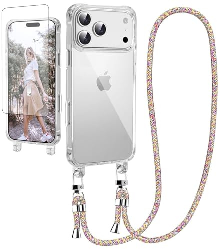 Ciciber Mobile Phone Chain Case for iPhone 17 Pro, Mobile Phone Case with Strap and Screen Protector, Transparent Case with Cord for Hanging, Necklace Case, Protective Case for iPhone 17 Pro 6.3