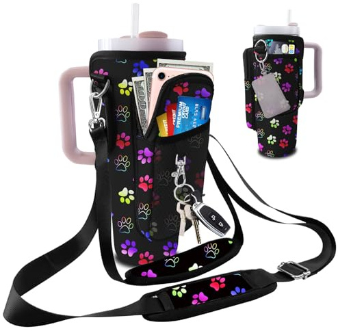 bolimoss Water Bottle Bag for Stanley Cup 40oz/30oz with Phone with Adjustable 2 Straps & 3 Pockets, Stanley Accessories Neoprene Water Bottle Carrier for Walking Travel Hiking Gym-Dog Paw
