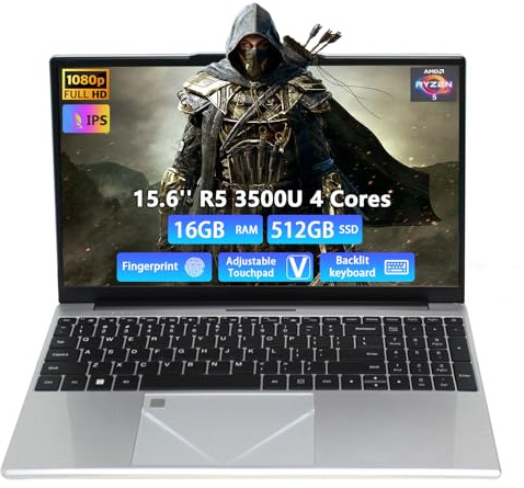 Breloom Computer portatile da gioco 2025, computer portatile da 15,6 pollici con processore AMD Ryzen 5 3500U, DDR4 da 16 GB, SSD da 512 GB, display FHD 1920 x 1080P, Win 11 Pro, tastiera