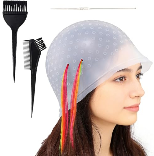 Silikon Highlight Kappe,Vorgebohrte Strähnchenhaube,Silikon Strähnchenhaube Set,Friseur Haube Strähnen,Wiederverwendbar Strähnenhaube mit Pinseln und Nadel,Geeignet für Haarstyling von Frauen,3 Stück