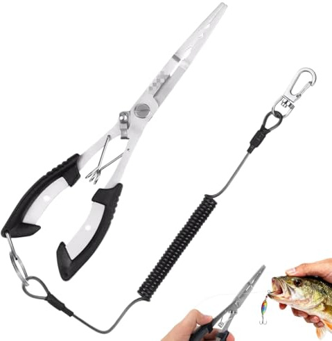 WUFKOP Pince de Pêche Multifonction en Acier Inoxydable avec Coupe-Fil et Cordon de Sécurité, pour Pêche en Mer, Rivière et Lac