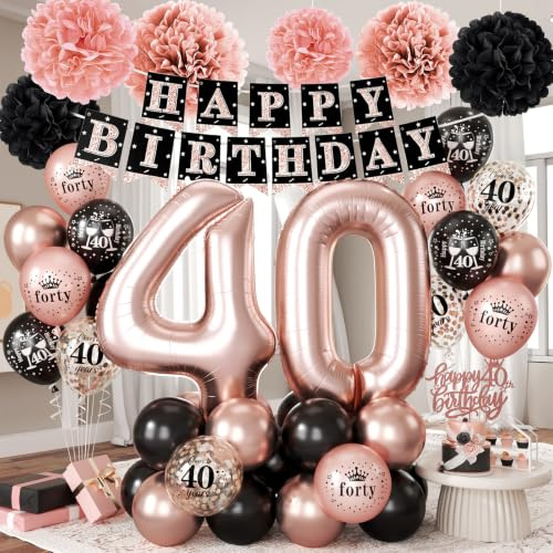 40th Birthday Decorations for Women, Rose Gold Black Confetti Latex Balloons Number 40 Foil Balloon Happy 40th Birthday Banner Cake Topper Paper Pom Poms for Her 40 Year Old Bday Party Decoration