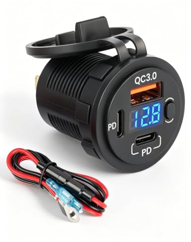 RED WOLF 78W Dual USB C PD Steckdose 12V QC 3.0 Auto Einbau Schnellladegerät mit Schalter und LED Voltmeter, Wasserdicht Typ C Zigarettenanzünder Ersatz Adapter für Wohnmobil Camper LKW Boot