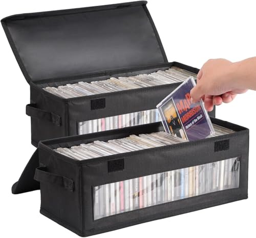 CD Aufbewahrungsbox mit sichtbarem Fenster,CD koffer Behälter für 64 CDs | DVD aufbewahrung mit Deckel und Griff,Faltbare Aufbewahrungsbox Geeignet für CDs, Bücher, Dokumente, Schwarz,2 Stück