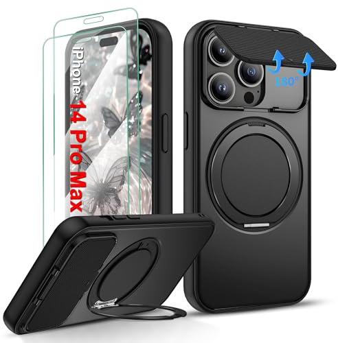 Gritup for iPhone 14 Pro Max Phone Case: with 2PCS Screen Protector [Full Camera Protection] & Magnetic Stand [Military-Grade] Shockproof Slim Thin Cover for 14 Pro Max Case -Black