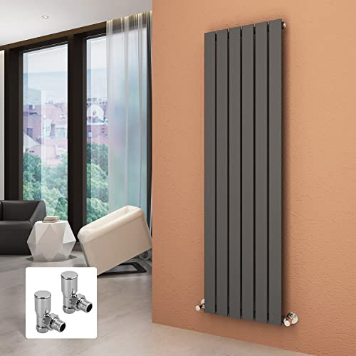 ELEGANT Vertical Radiator Anthracite Single Flat Panel 1600 x 452 mm Designer Vertical Radiators with Angled Radiator Valves