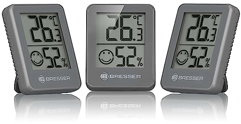 Bresser 3er Set Thermometer Hygrometer - Digitales Raumthermometer für Kontrolle Innenraum Luftfeuchtigkeit, Kühlschrankgeeignet, Wandmontage und Magnet, Schimmelvorbeugung - Indikator Smiley, Grau