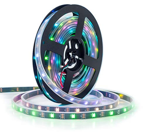 BTF-LIGHTING WS2812E Alambres de aleación ECO RGB 5050SMD Direccionable individual 16.4FT 30 píxeles/m 150 LEDs PCB negro flexible Full Color LED Píxel tira LED Sueño Color IP67 impermeable DC5V