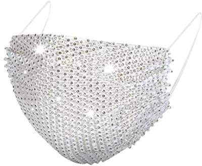 LIEIKIC Damen Mundschutz Kristalle Glitzer Elegant Waschbar Wiederverwendbar Atmungsaktive Mund und Nasenschutz Cover Halstuch für Halloween Abend Party (B-Weiß)