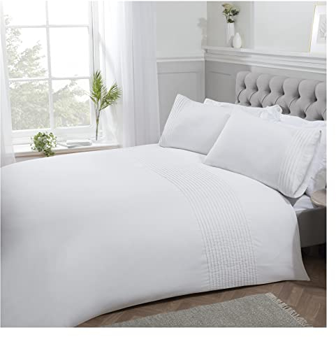 Sleepdown Pintuck Pleated Striped Panel Luxury Easy Care Soft Cosy Duvet Cover Quilt Bedding Set with Pillowcase, Polycotton, White, Single (135 cm x 200 cm)
