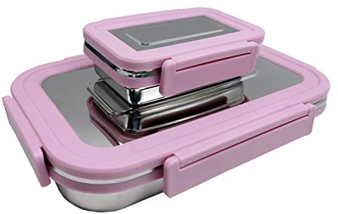 Tragbare Bortdose aus Edelstahl, Bento-Box, Brotbox, Saucen Dose, Flaches 2ER-Set (910 ml und 192 ml), Edelstahl 304 in Lebensmittelqualität - Rosa