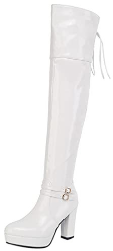 MJIASIAWA Donna Prom Tacco Chunky Thigh Vernice Warm Plateau Boots Prom Festa Punta Rotonda Vestito Zip Stivali Equitazione Bianco Numero 44 EU/46 Asiatico