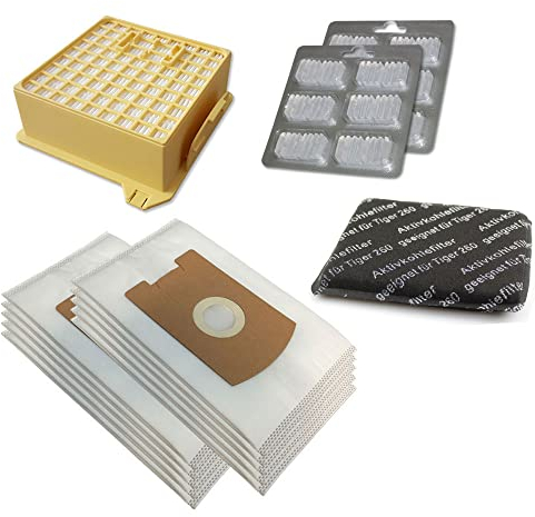 Sparset 10 Staubsaugerbeutel + 12 Duftsteine + Hepa Filter + Kohlefilter geeignet für Vorwerk Tiger VT 260 - aus Vlies