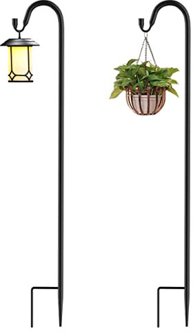 QIZENME 2 Pack Shepherds Crook Hooks, Adjustable Height Shepherds Hooks with Base, 76 cm/29.64 in Metal Border Hook for Garden Lights, Lanterns,Plant Baskets (Black)