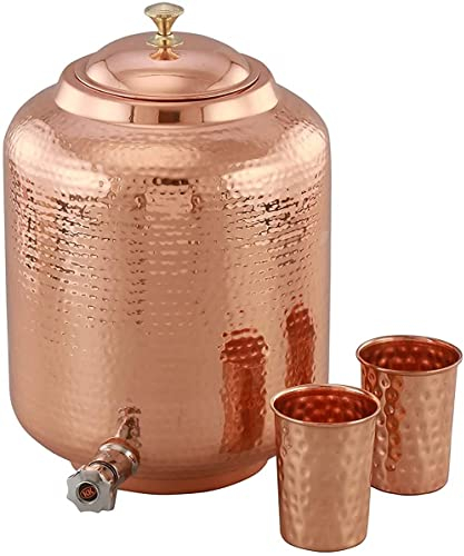 Golden Drops Distributore d'acqua in rame martellato puro con rubinetto Matka brocca d'acqua pentola di rame 5 litri con 2 bicchieri d'acqua martellati in rame