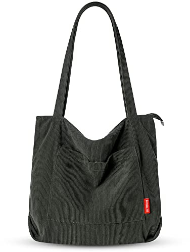 Ultrove Cord Tasche Damen Umhängetasche mit Reißverschluss, Dicke Große Einkaufstasche, Strapazierfähige Tragetasche für Arbeit, Büro, Reisen, Einkaufen, und Alltag-Armeegrün