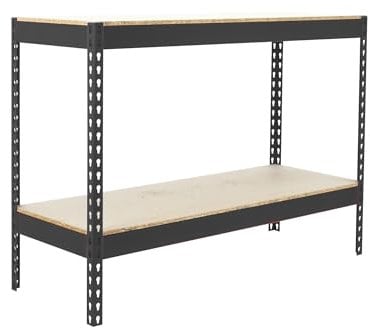 SimonRack Metallregal zur Aufbewahrung, ohne Schrauben, 2 Holzböden, hohe Tragkraft 600 kg, 900 x 1200 x 450 mm, Werkstattregal, Garage, Abstellraum, Anthrazit/Holz