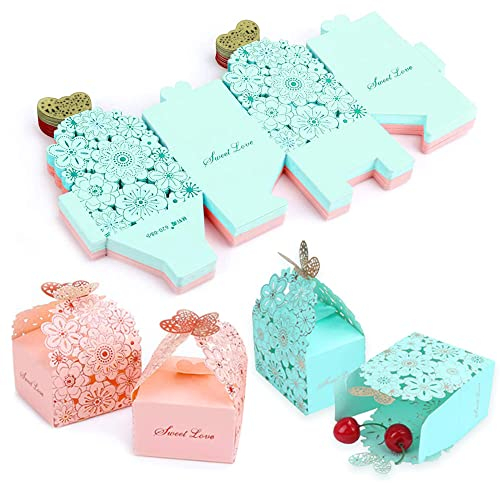 BUENTYA 30PCS Schmetterling Geschenkbox Rosa Blau Hohlpapier Bonbonboxen süßigkeiten schachtel Folable Bonboniere Box Gastgeschenk Hochzeitsbevorzugungsboxen für Hochzeit Geburtstag Babyparty Jubiläum