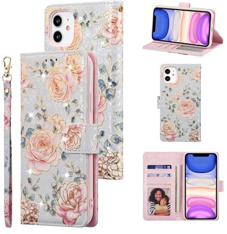 UEEBAI Wallet Case for iPhone 12/iPhone 12 Pro 6.1 inch, PU Leather Phone Case Kickstand RFID Blocking Flip Case Card Slots Wrist Strap Relief Engraved Pattern Magnetic Closure Folio Case-Purple Rose