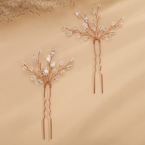Kercisbeauty Boho Crystal Beads Hair Pins for Women Wedding Bridal Hair Piece Hair Accessories for Brides Bridesmaids 2PCS (Rose Gold)