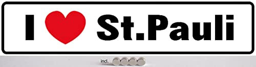 DekoDrom® Blechschild 47x10 cm I love St. Pauli im KFZ Kennzeichen Format mit Magnete Wand Deko Bar Kneipe Sammler Geschenk