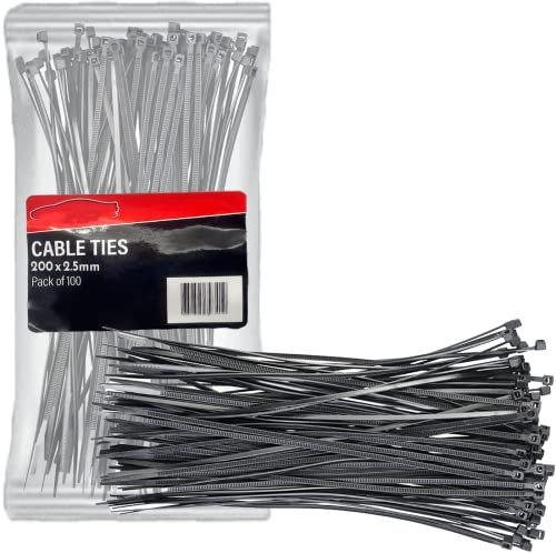 Xtremeauto Cable Ties 100 Pack Zip Ties - Heavy Duty Zip Tie Pack, Nylon Cable-Ties, Strong Self-Locking Cable Tie Wire Ties, Perfect for Home, Garden, Office, Mechanics & DIY (200mm x 2.5mm, Black)