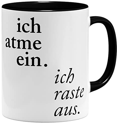 OM3® Lustige Tasse mit Spruch - Ich atme ein -> ich raste aus - Keramik Becher - 11oz 325ml - Beidseitig Bedruckt - Schwarz