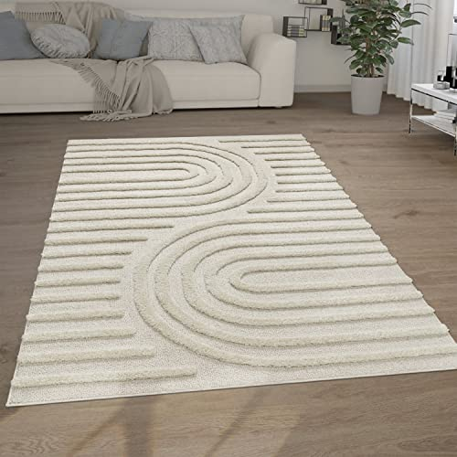 Paco Home Hochflor Teppich Wohnzimmer Shaggy 3D Optik Ethno Boho Vintage Look Weich, Grösse:120x160 cm, Farbe:Creme 7