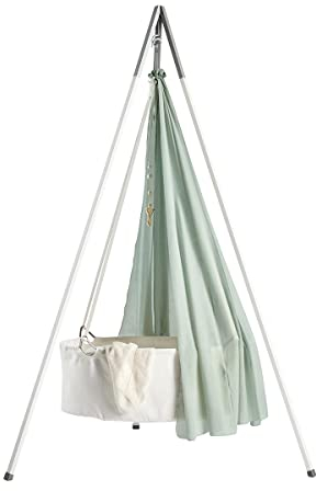 Leander Wiege mit Matratze + Schleier Himmel sage green grün und Stativ weiß