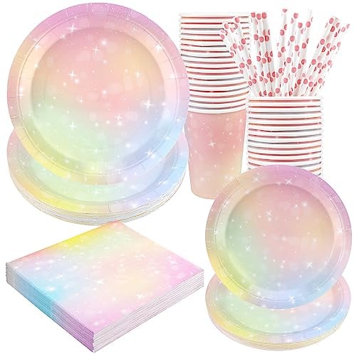 Pastel Birthday Party Supplies Decorations, Rainbow Theme Birthday Paper Plates and Napkins Set with Cups and Straws for 24 Guests, 120 Pcs Disposable Party Dessert Dinnerwares