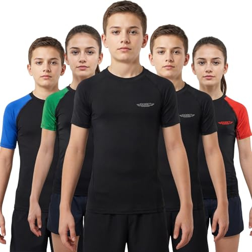 Exxact Sports Kids BJJ Rash Guard Short Sleeve, Ranked No Gi Jiu Jitsu Compression Shirt for Boys & Girls for MMA, Wrestling - (Black, YM)