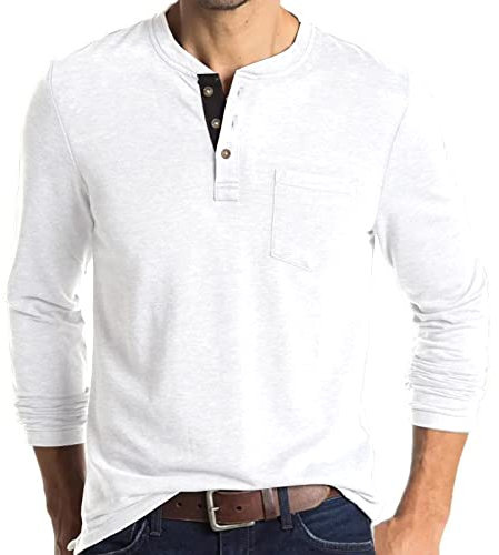 Mens Henley Shirts Long Sleeve Tops Casual Shirt Cotton Tee Crew Neck Top Basic T-Shirt Knitted Buttons White XXL