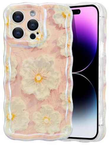 EYZUTAK Case for iPhone 15 Pro Max, Colorful Retro Oil Painting Flower Laser Glossy Pattern Cute Curly Wave Border Exquisite Phone Cover Stylish Durable TPU Protective Case for Girls Women-Light Pink