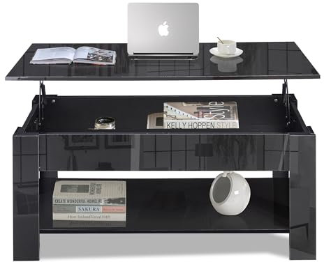 High Gloss Coffee Table with Storage, Lift Top Coffee Table for Living Room, Wooden Coffee Table with Storage Shelf Rectangular Lift-Up Sofa End Tea Tables Furniture Black, 100L x 50W x (42-57) H cm