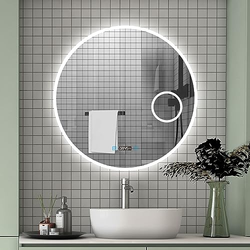 Aica Sanitär Runder LED Badspiegel 60cm mit Kosmetikspiegel Uhr Kalt/Neutral/Warmweiß dimmbar Touch/Wandschalter Memory Beschlagfrei