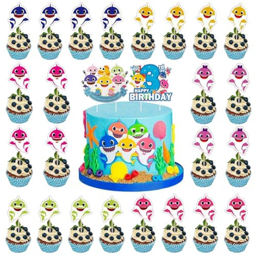Simmpu 26Pcs Shark Birthday Cake Toppers Set,Happy 3nd Cupcake Toppers,Shark Happy Decoration Cartoons Themed Party Decorations for Baby Shower,Kids Supplies, ZLD0081-